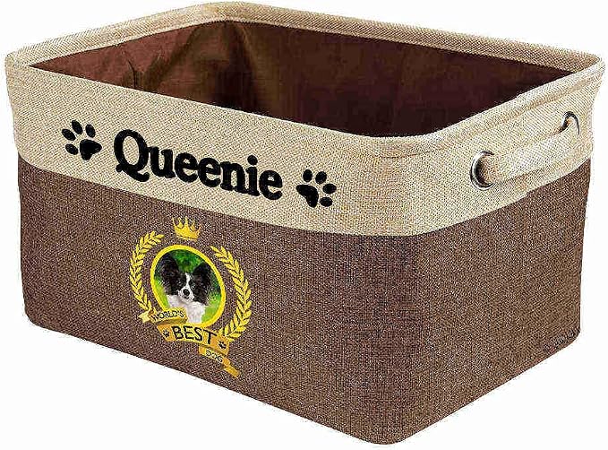 Custom Name Collapsible Dog Toy Storage Basket Bin World's Best Dog Lovely Papillon Foldable Pet Toy Box Closet Shelf Baskets Organizer for Bedroom Home Dog Cat with Handles Brown