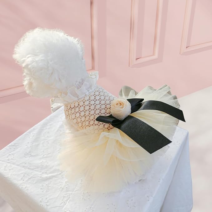 FLAdorepet Vintage Camellia Dog Dress Tutu Skirt,Pet Party Outfits Clothes for Small Dogs Girls,Formal Dog Wedding Holiday Dresses Apparel (White Camellia, X-Small)