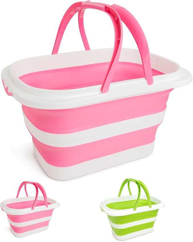 Large Collapsible Bucket for Cleaning, 4.2 Gallon (16L) Silicone Bucket with Handle & Hanging Hole, Foldable Space-Saving Mop Bucket for Home, Storage. Car Wash, Camping, Beach (Pink White)