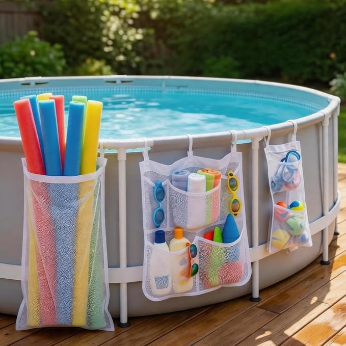 3 Pieces Pool Storage Set for Above Ground Pool Accessories, Hanging Pool Organizer Bags for Pool Noodles, Large Floats, Toys, Sports Balls, Towels & Beverages