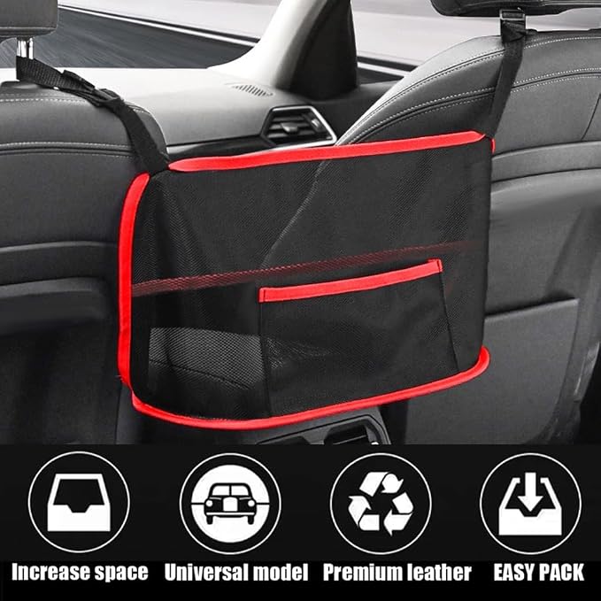 Car Net Pocket Handbag Holder, Auto Net Pocket Purse Holder Between Front Seats Car Storage Organizer, Universal Interior Accessories Barrier of Backseat Pet Kids (Black Red)