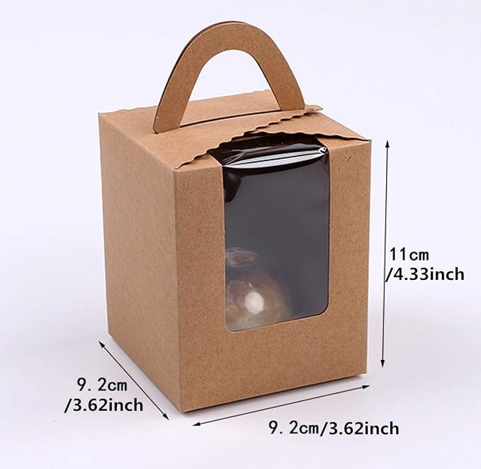 25 Pcs Single White Cupcakes Containers Gift Boxes with Window Inserts Handle for Wedding Candy Boxes (25P-Handle-Brown)