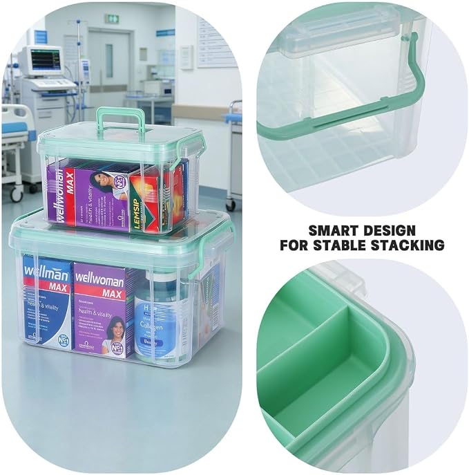 HEY FOLY Set of 2 Medicine Organizer Storage Box with Tray, 15qt+5qt Green Plastic First Aid Box Empty, Thickened Medicine Container Chest, Multipurpose Medical Case with Labels, Green Medicine Caddy