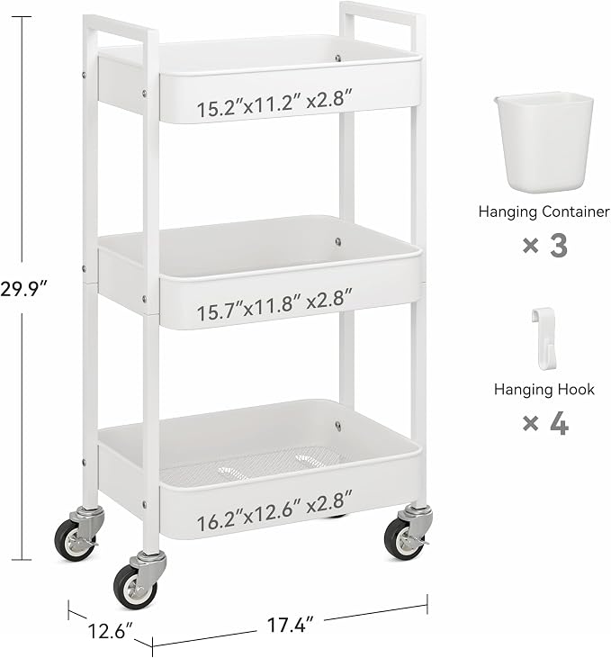 Nunsino 3 Tier Rolling Cart,Utility Cart with Locking Wheels, Hanging Cups,&Hooks, Heavy Duty Metal Storage Organizer Cart for Kitchen,Office, Bathroom,Craft Room,White