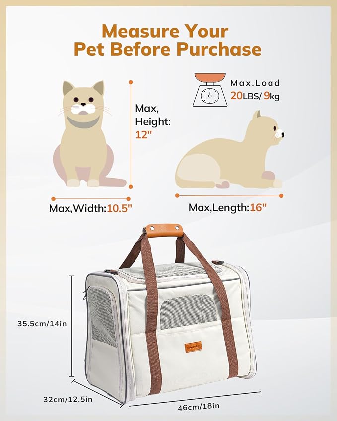 Morpilot Pet Carrier for Large Cats, Puppies & Small Dogs Up to 25lbs | Escape-Proof with Locking Zippers, Dual-Sided Cushion, Safety Buckle for Car & Vet Travel, Includes Foldable Bowl (Beige)