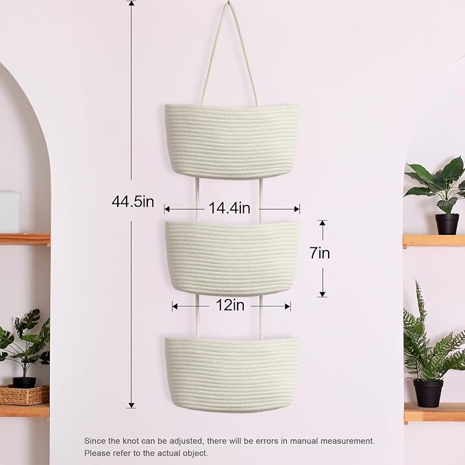 TeoKJ Over the Door Hanging Basket, 3-Tier Woven Cotton Wall-Mounted Storage Organizer Bag Decorative Hanging Nursery Baskets, White
