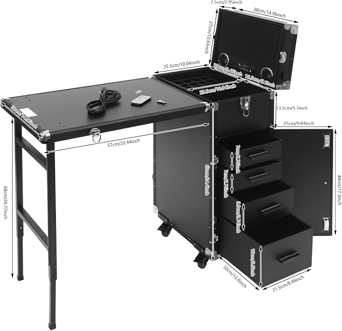 Makeup Case, Rolling Manicure Table Foldable Nail Desk Travel Cosmetic Trolley Multifunctional Cosmetic Tool Box Rolling Makeup Cases w/4 Removable Drawers for Hair Pet Groomer Stylist