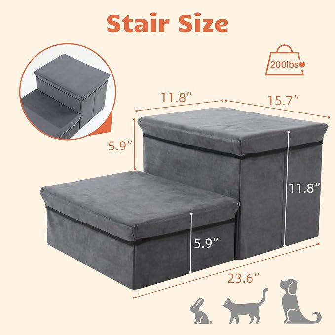 Foldable Dog Stairs with Storage | 2-Step Non-Slip Pet Steps for High Beds and Couch, Hidden Storage Dog Ladder for Small & Medium Dogs, Cats, Grey