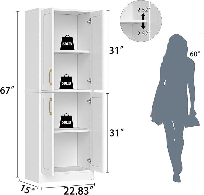 Pantry - Kitchen Pantry Cabinet with 4 Doors and Adjustable Shelves, Tall Black Cabinet Freestanding Storage Cupboard for Dining Room Living Room, Laundry, Bathroom (White)
