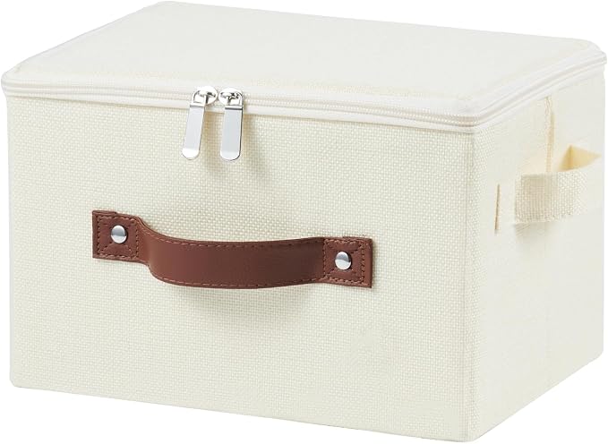 Storage Bins with Zipper Lids Decorative Lidded Baskets Boxes | Clothes Container, Closet Shelf Organizer, Foldable Washable, Cotton Linen Fabric, w/ PU Leather Handles, Beige, Small