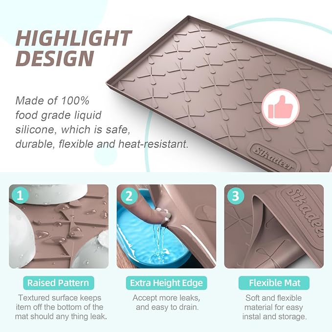 Waterproof Under Sink Mat Silicone 22"x19", Kitchen Cabinet Liner | BPA Free Home Organizer and Storage, Thick Raised Edge Cabinet Protector, Non-Slip Dog & Cat Mat, Dish Drying Mat