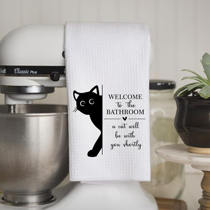 KIDEAR Funny Black Cat Bathroom Decor Welcome to The Bathroom Hand Towel,1 PCS Cute Black Cat Kitchen Towels for Toilet Wall Decorations,Cute Animal, Gifts for Women, Pet Owners Housewarming - A08