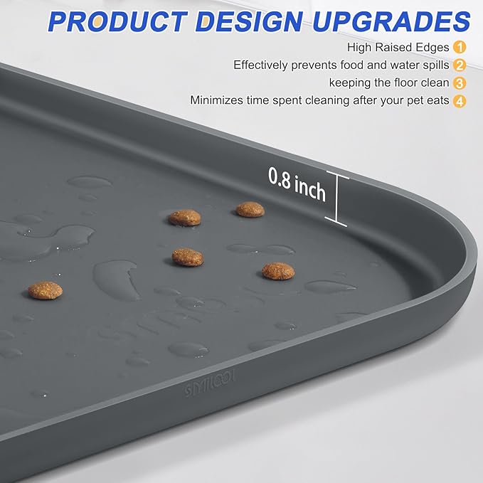 SMILOOL Silicone Pet Feeding Mat with Raised Edge for Food and Water, Dog Bowl Mats, Cat Bowls Placemat with High Lip for Floor Waterproof, Rubber Tray for Cats and Dogs 22 x 14 x 0.8 Dark Grey