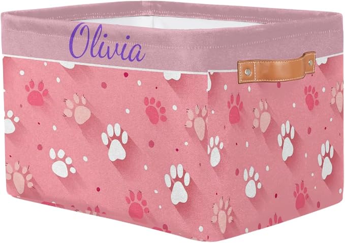 Personalized Name Storage Basket Handles for Girls, Canvas Storage Bins Toys Clothes Organizer for Bedroom, Kitchen, Bathroom, Nursery, Shelves, Closets, White Pink Dog Paw Print Pattern