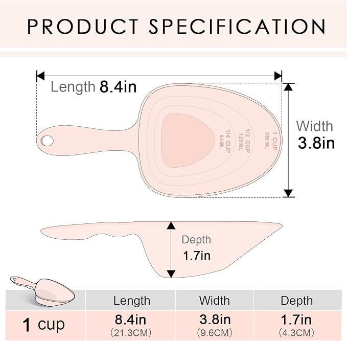 Melamine Pet Food Measuring Scoop, 1 Cup 1/2 Cup 1/4 Cup with Clear Measurement Lines for Dog, Cat, Bird, and Rabbit, Durable, Ergonomic Handle, Dishwasher safe-Orange & Baby Pink