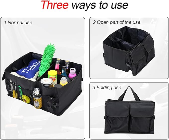 8sanlione Car Trunk Organizer, 3 Compartments, 7 Storage Areas, Black1 | For sedans, SUVs, vans, woven fabric shell, side grips, light-item sorting, wipe-clean care, automotive interior accessories
