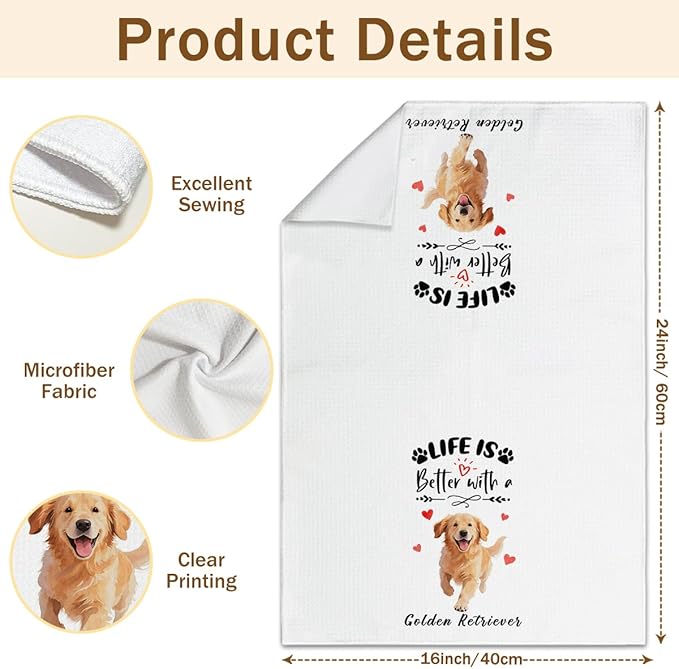 WwongxianB Golden Retriever Kitchen Towels Decorative Set of 2, Funny Tea Towel Hand Towels Highly Absorbent Dish Cloths 16x24 Inches, Bathroom Decor, Golden Retriever Gifts for Dog Lovers -09