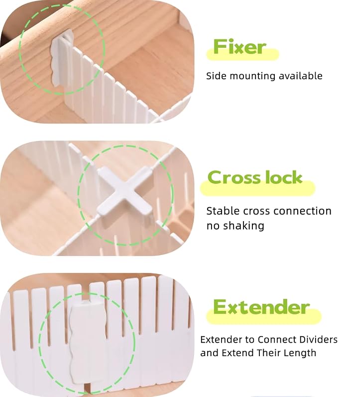 8 PCS Drawer Dividers, Adjustable Plastic DIY Organizer Separators for Socks, Underwear and Makeup, Ideal for Kitchen, Bedroom and Dresser Storage