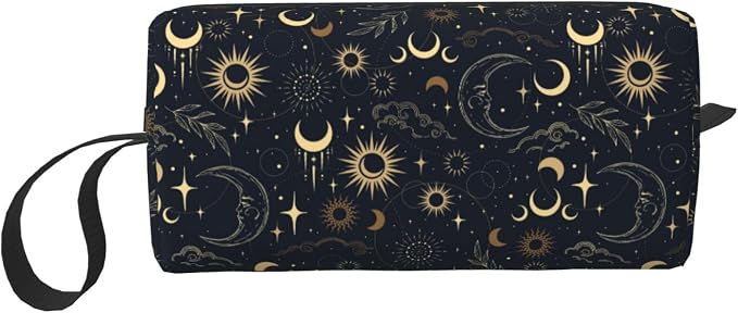 Vintage Astrology Sun And Moon Makeup Bag for Women | Small Travel Cosmetic Pouch with Zipper, Compact Makeup Organizer Bag for Purse, Toiletries, Skincare & Daily Essentials