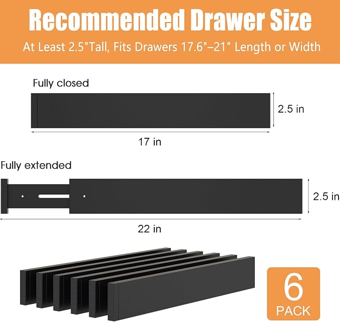 Bamboo Drawer Dividers, Adjustable Drawer Organizers, Fits 17.6–21" Drawers | 2.5" High, 6 Pack Expandable Drawer Separators for Kitchen, Nursery, Dressers & Office Storage, Black