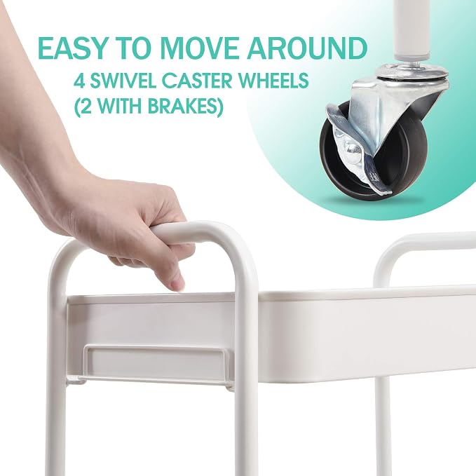 TOOLF 3 Tier Metal Rolling Cart, Utility Storage Cart with Wheels, White | Screwless Assembly, Lockable Metal Wheels, Trolley Organizer for Bathroom, Kitchen, Office, Dorm, Laundry, Craft Room