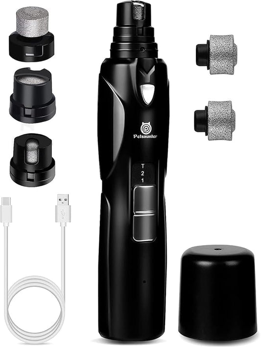 Petsaunter Dog Nail Grinder, 3 Grinding Heads, 2-Speed, LED Light, Touch-Switch, TypeC, Quiet, Low-Vibration, Dog Nail Trimmers for Large, Medium, Small Dogs & Cats with Hard/Thick Nails (U-Black)