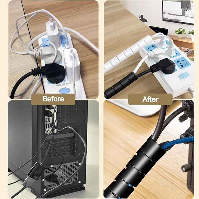 PC Cable Management Sleeve Tube Desk Cord Organizer 2 PCS Black, 7/8 inch -5 ft Cover Wrap Easy to Install Messy Wire Solution for TV Office Computer, Pet Chew and Bite Proof Cable Protector