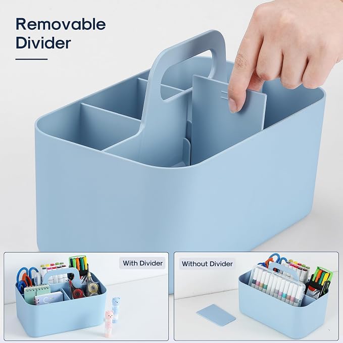 Multiuse Caddy Organizer with Handle, Portable Divided Plastic Tote Bin - Art Craft, Stationary Pen Marker Crayons, Makeup Hair Supplies Storage - Bathroom, Classroom, Dorm, Office, Desk Holder - Blue