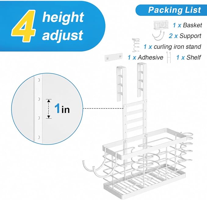 2026 Upgraded 3-in-1 Universal Hair Tool Organizer, XL Size, White | Adjustable Height Metal Hair Dryer Holder, Wall Mounted, Over Cabinet Door, Countertop, Bathroom Storage