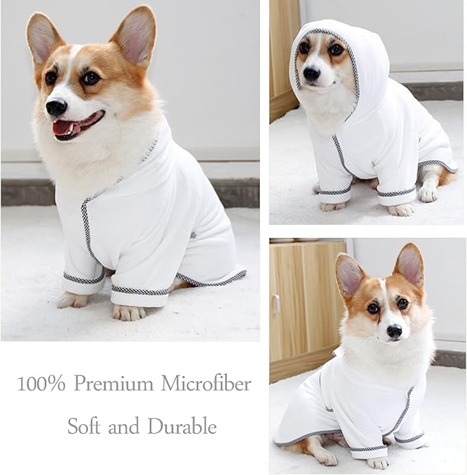 Dog Bathrobe, Microfiber Fast Drying Absorbent Hooded Bath Towel White for Puppy Small Medium Large Dog Cat (3XL, White)