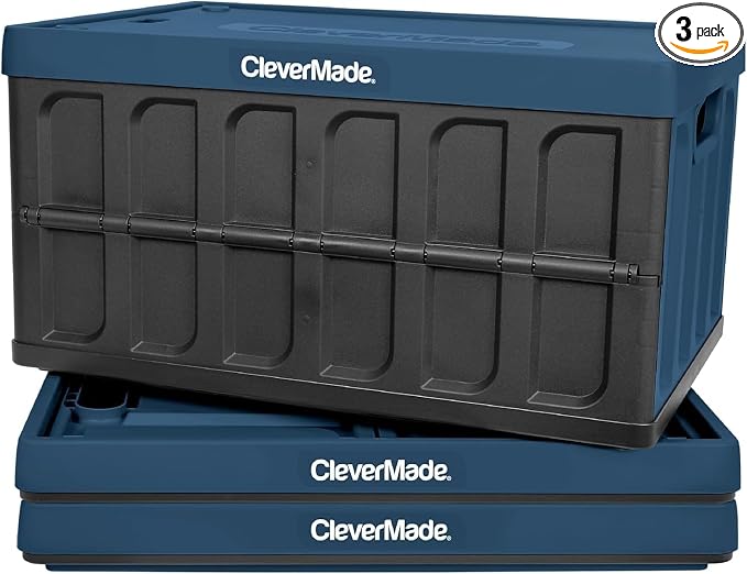 CleverMade Collapsible Storage Bins (with Lids), 62L, 3 Pack - Ocean | Store Bigger Loads Under a Secure Lid | Each Bin Holds 100 lb, Stacks Neatly, and Folds to 2.5 Inches When Empty