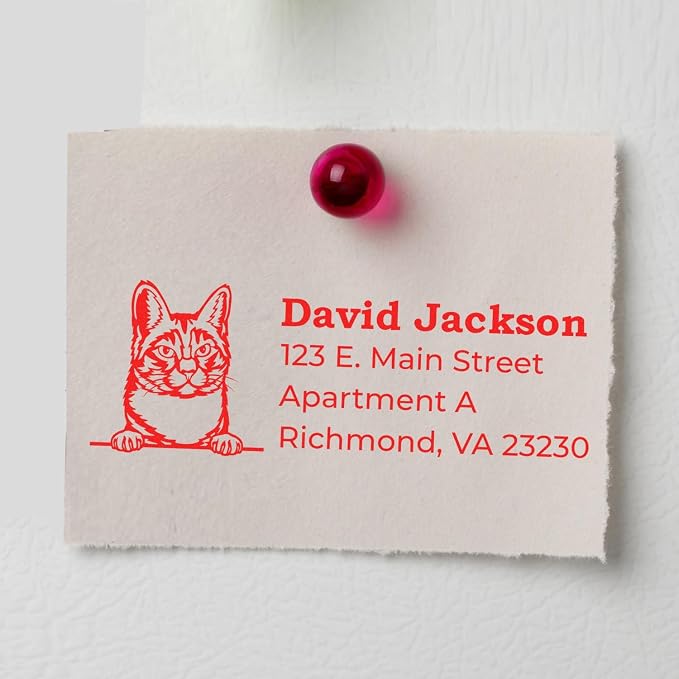 Peeking Manx Cat Address Stamp Self-Inking - Custom Stamp for Mail | Manx Cat Personalized Address Stamp. Custom Address Stamp for Cat Owner Gifts. 4 lines. Choice of 11 ink colors. Rectangular.