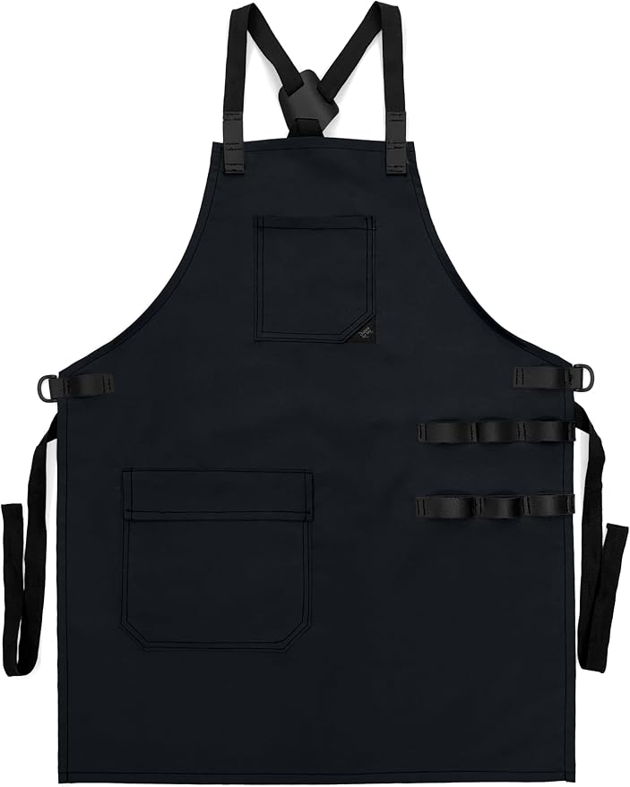 Under NY Sky Barber Apron, Cross-Back, Leather Loops, Flapped Pocket, Black | Oxford Canvas Resists Liquids, Chemicals, Ink, Dye. All Reinforced. Easy Sanitation For Hair Stylist, Salon, Colorist, Barber
