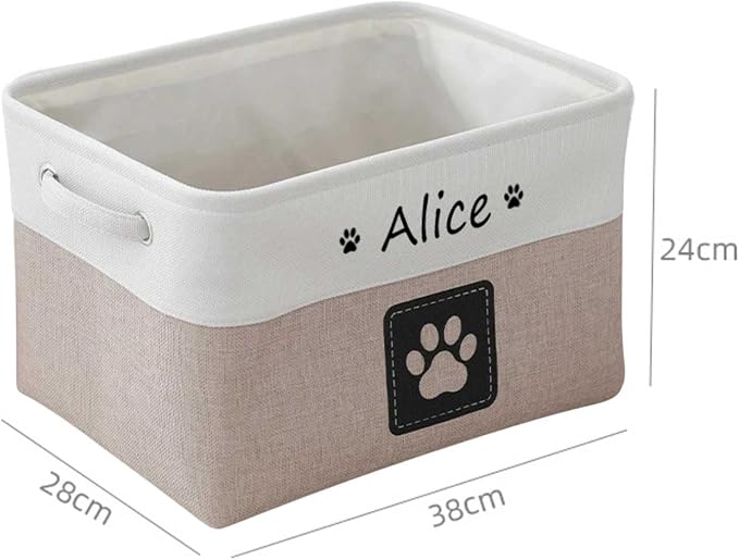 Custom Name Pet Dog Toys Basket/Bin, Paw Custom Personalized Logo Cat Clothes Box Accessories Organize Storage Bin, 4 Patterns Round Paw, Classic Paw, Heart or Name Only (Khaki)