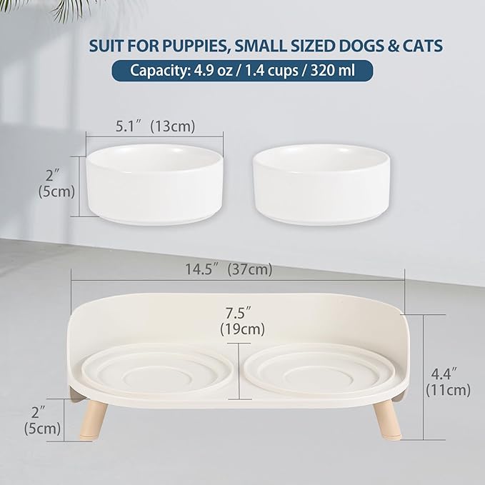 Raised Cat Food and Water Bowl Set - Elevated Ceramic Dishes with Non-Slip Stand and Splash Guard for Small Dogs - 2 x 320 ML (4.9 OZ) - White