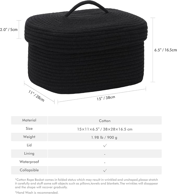 Sea Team Oval Storage Basket, Woven Cotton Rope Basket with Lid, Black | Decorative Knitted Storage Bin, Multi-Purpose Lidded Organizer for Closet Shelves, Nursery and Household Storage