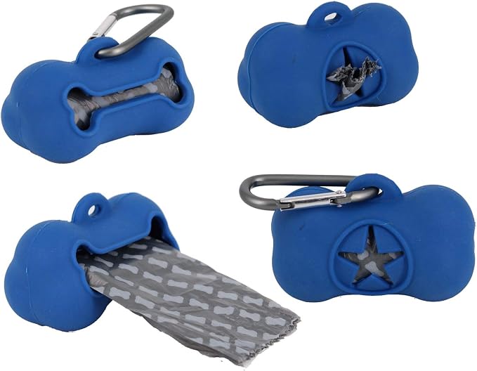 5 Rolls Portable Silicone Bone Shape Poop Bags With Dispenser - Plastic Pooper Holders Refills Trash Can - Scoopers for Outdoor Leash Travel (Blue)