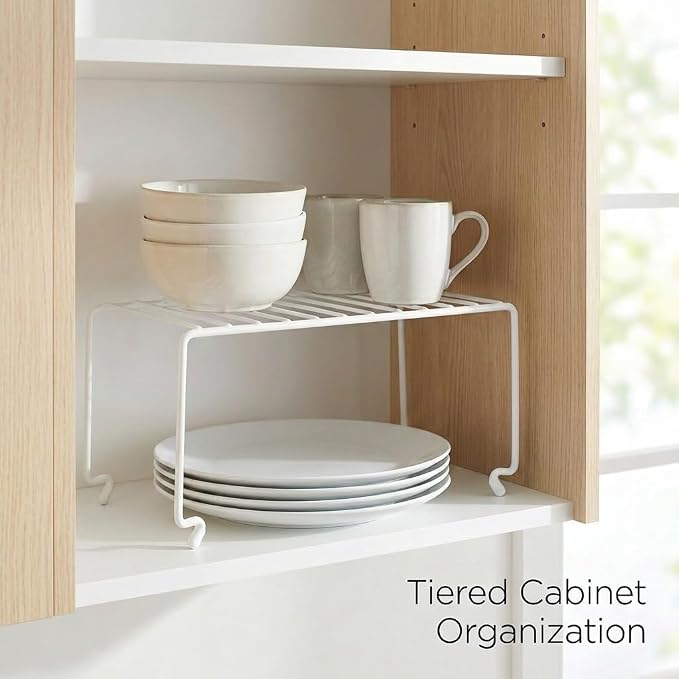 4-Pack Small (10.8x5.3inch) White Stackable Shelf Organizer Rack, Wire Shelf Rack for Kitchen Cabinet, Pantry, Desk Organization and Storage, Rustproof