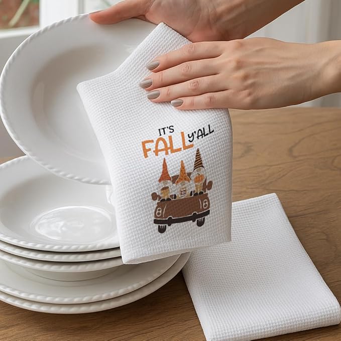 Fall Garden Gnome Kitchen Towels Decor Gifts for Home,It's Fall Y'all Tea Towel Baking Cooking Drying Cloth for Kitchen,Flour Sack Dish Towels,Farmehouse Decoration for Thanksgiving