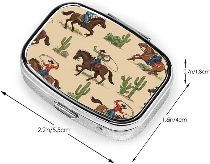Western Desert Cowboy Riding Horses Pill Box 2 Compartment Medicine Pill Case Portable Pill Box for Pocket or Purse Pill Box