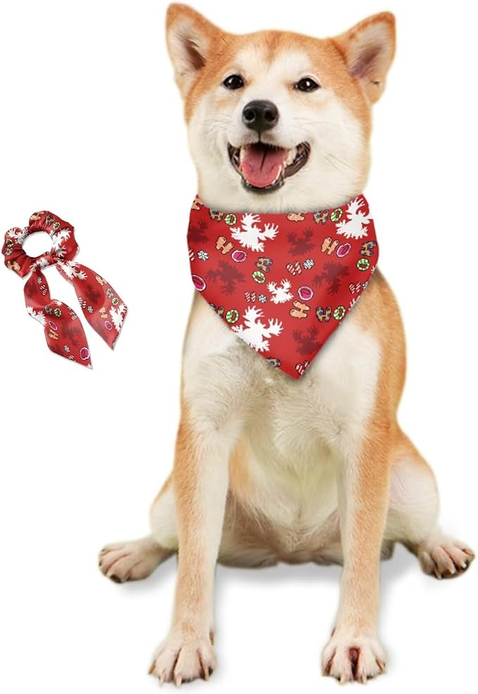 COEQINE Christmas Dog Bandanas Slip Over Collar with Red Bow Hair Tie for Women Dog Accessories Cute Xmas Deer Hohoho Red Pattern Pet and Owner Matching Outfits