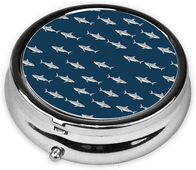 Travel Pill Case, Cute Shark Print Round Waterproof Organizer, Small Holder for Fish Oil, Portable Pill Box Purse Use for Daily Walks