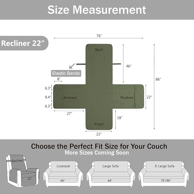 Boho Quilted Recliner Covers, Water-Repellent Recliner Slipcovers, Lazy Boy Chair Covers, Pet Friendly Recliner Cover for Dogs Cats, Washable Furniture Protector (Recliner 22", Olive Green)