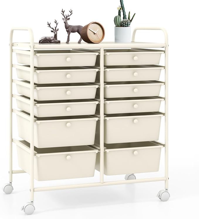 12 Drawer Rolling Storage Cart, Art Cart Organizer on Wheels, Mobile Utility Cart with Drawers, Multipurpose Craft Drawers for Home Office School Classroom (White)