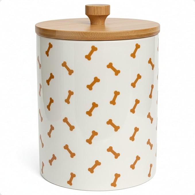 Ceramic Dog Treat Container Airtight with Bamboo Lid, 5"W x 6.4"H, 4 Cups | Sturdy Durable Ceramic, Airtight Bamboo Lid, Food Safe, Fits Most Popular Treats, 4 Cup Capacity, Easy to Wash