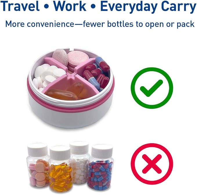 Ezy Dose Mini Vitamin Organizer, Multi Compartments, White & Pink, Small | Portable and Compact Design, Easy Access Sliding Pill Dispenser, Supplement Organizer with Anti-Mix Design, Travel Friendly