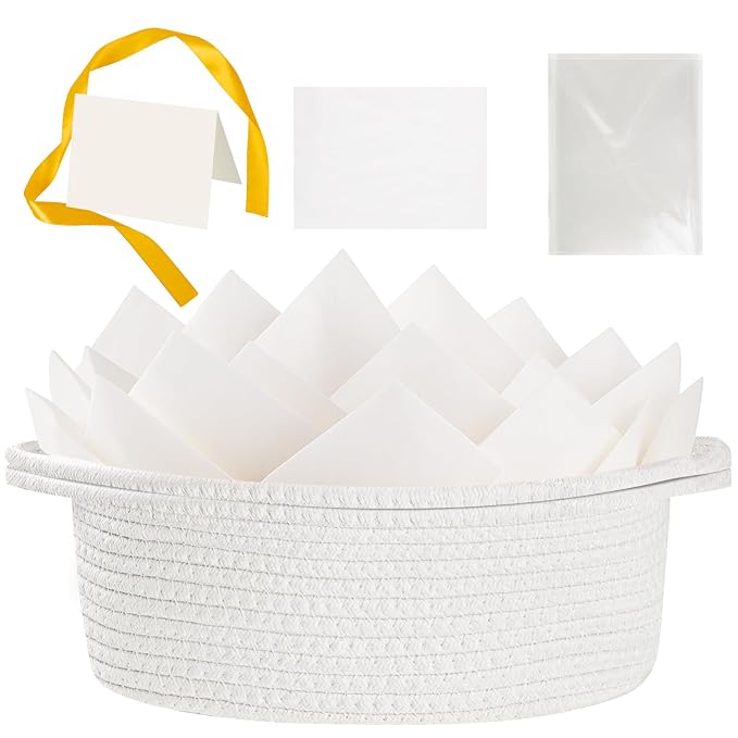 woric Small Woven Gift Basket Storage Baskets Back to School Baskets | Cotton Rope Basket Includes Gift Bag Card Ribbon & Tissue Paper for Gifts Storage Baby Shower Wedding Halloween Gifts
