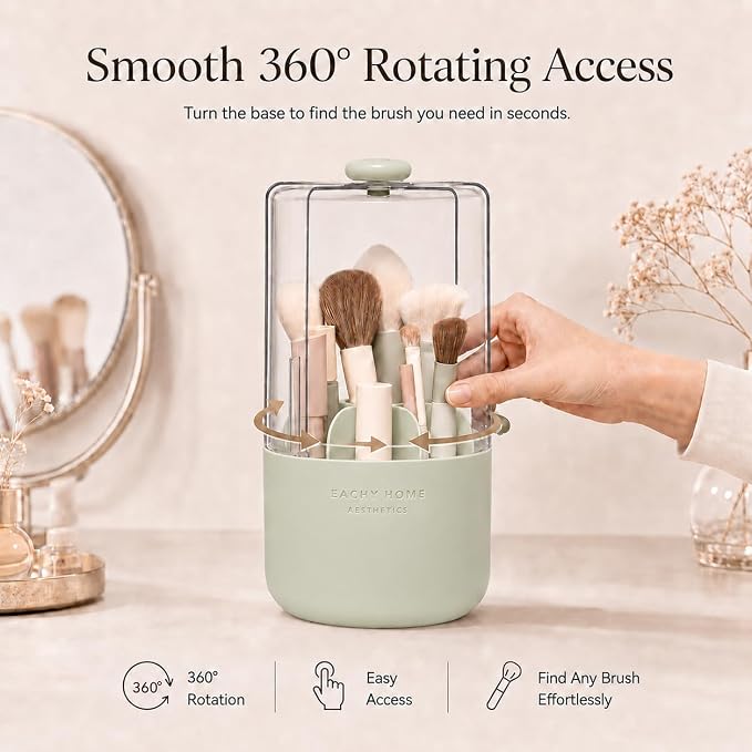 EACHY Makeup Brush Holder with Lid, Rotating Makeup Brush Organizer, Green | Dustproof Lid, 7 Compartments, Waterproof Plastic, Vanity Makeup Organizer for Brushes