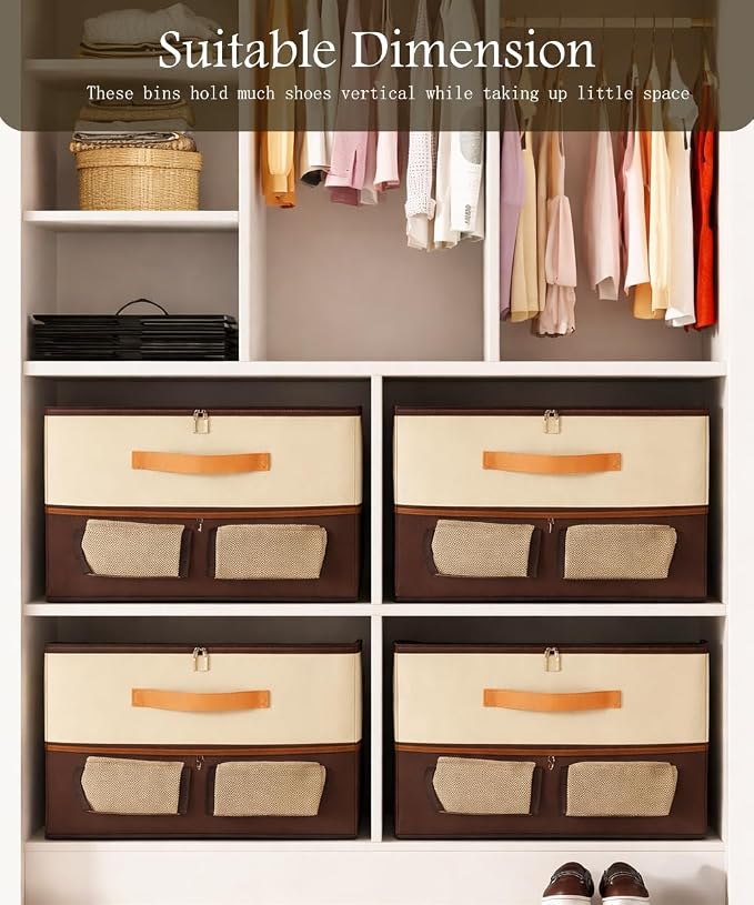 16 Grid Shoe Storage Box Organizer, Foldable Under Bed Shoe Organizer with Clear Lid & Side Mesh Pockets, Large Closet Storage Bins for Sneakers, Heels, Boots, Holds Up to 32 Pairs, 2 Pack