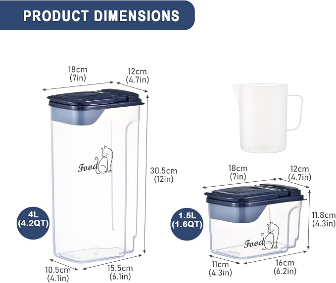 Cat Food Storage Container Combo (4.2QT and 1.6QT),2 Pcs Airtight Pet Food Containers with Pour Spout,Cat Treat Bin with Measuring Cup,Travel Cat Dog Food Container,BPA Free,Easy Grip